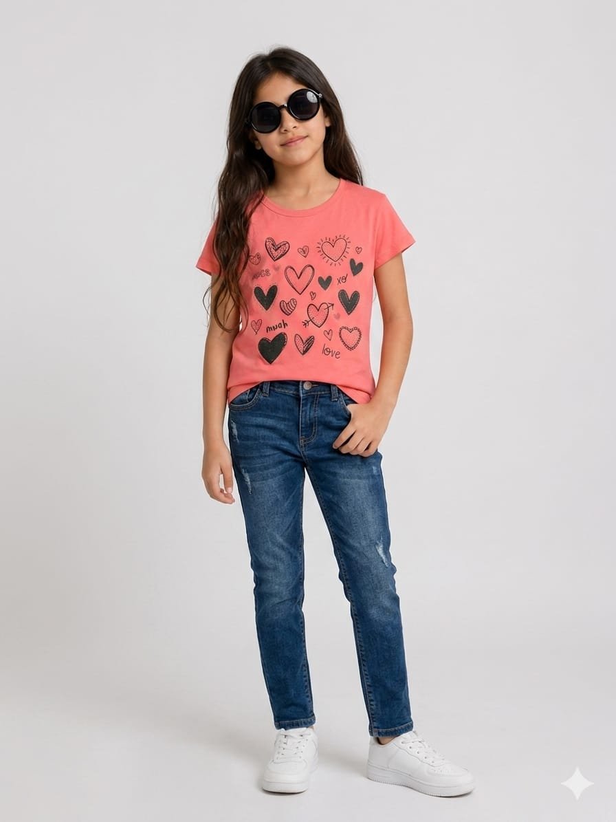 Girls Premium Cotton Jersey Heart Print Top