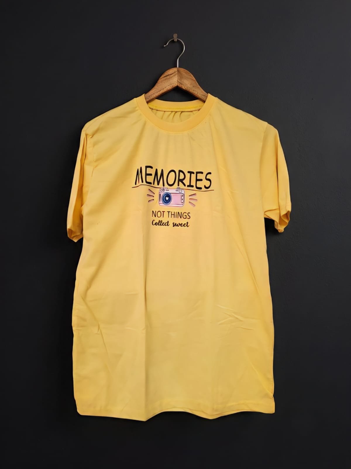 Ladies Yellow Memories Print T-Shirt – Export Quality Cotton Jersey Fabric