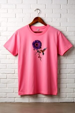 Ladies Pink Flower & Bird Print T-Shirt – Export Quality Cotton Jersey Fabric