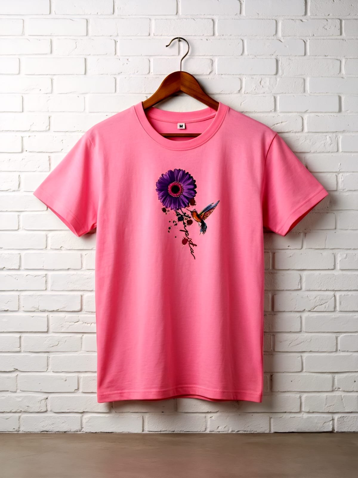 Ladies Pink Flower & Bird Print T-Shirt – Export Quality Cotton Jersey Fabric