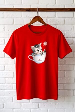 Ladies Cute Cat Print T-Shirt – Red