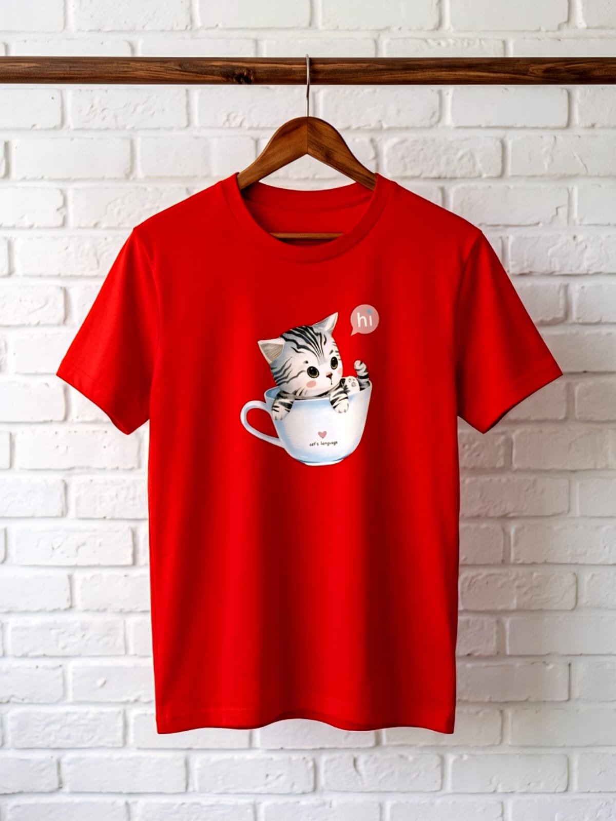 Ladies Cute Cat Print T-Shirt – Red