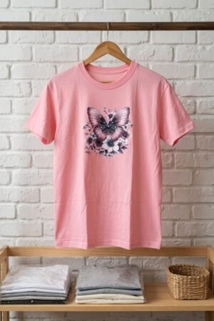 Ladies Pink Butterfly Print T-Shirt – Export Quality Cotton Jersey Fabric