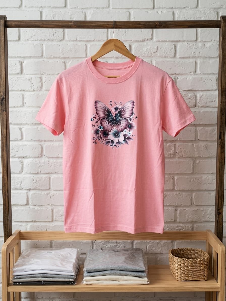 Ladies Pink Butterfly Print T-Shirt – Export Quality Cotton Jersey Fabric