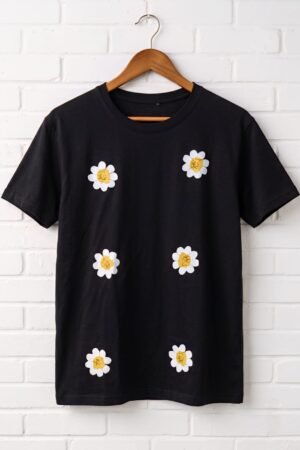 Ladies Black Daisy Flower Print T-Shirt – Export Quality Cotton Jersey Fabric