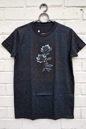 Ladies Dark Charcoal Rose Print T-Shirt – Export Quality Cotton Jersey Fabric