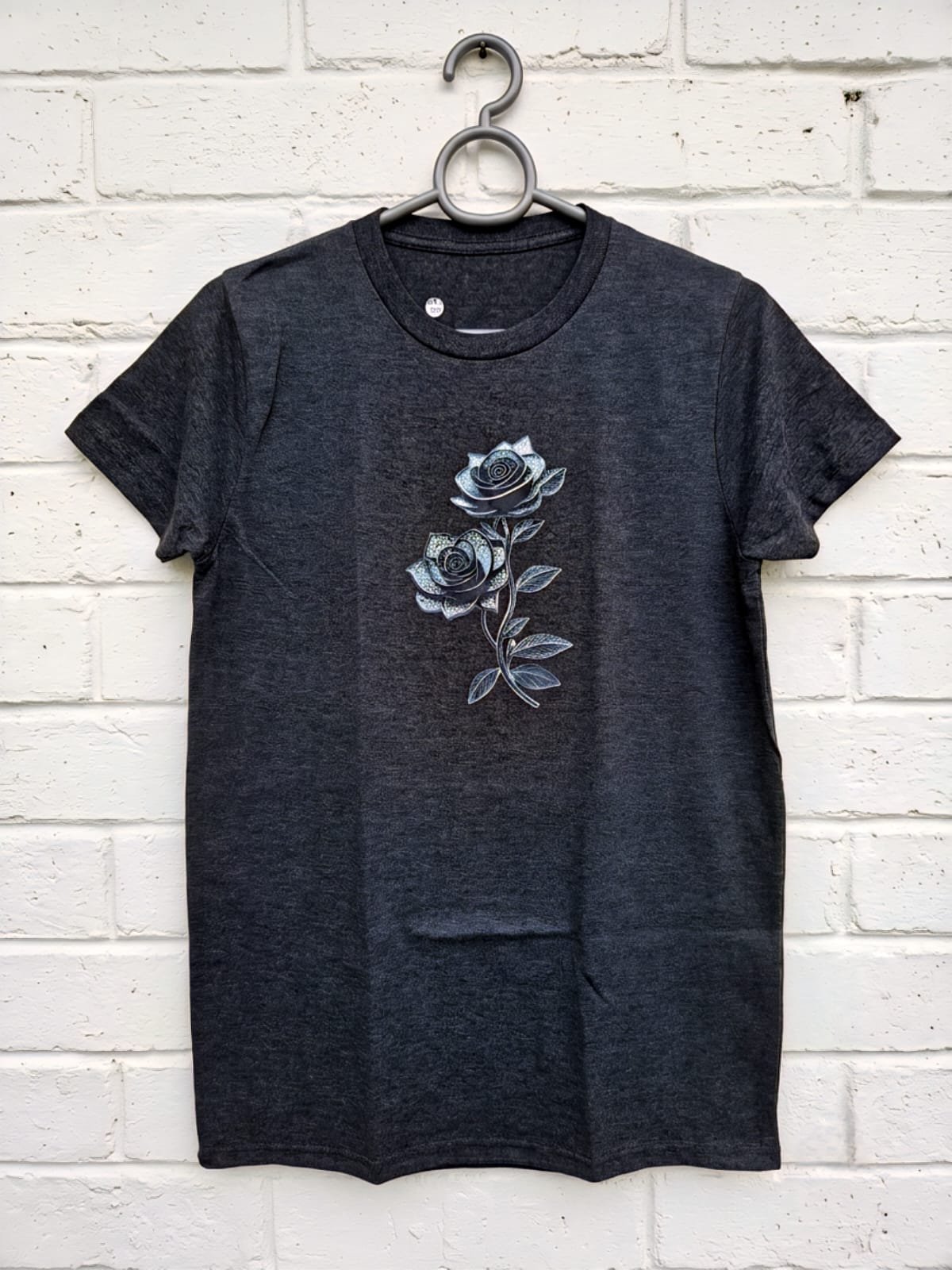 Ladies Dark Charcoal Rose Print T-Shirt – Export Quality Cotton Jersey Fabric
