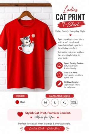 Ladies Cute Cat Print T-Shirt – Red