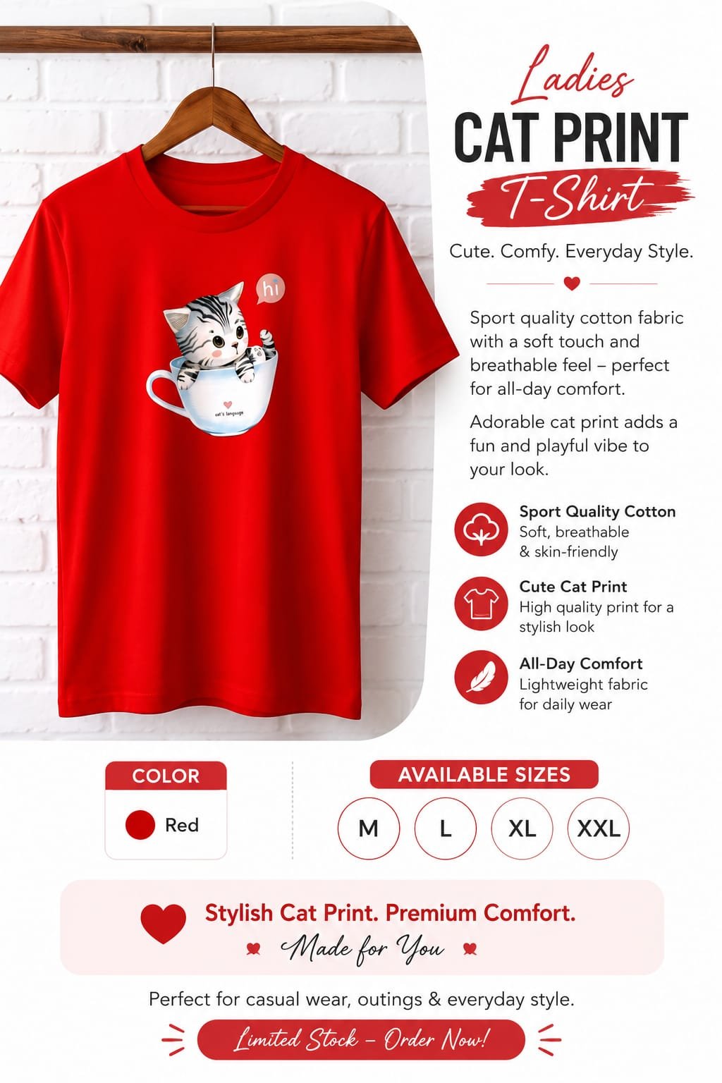 Ladies Cute Cat Print T-Shirt – Red - Image 3