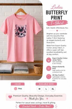 Ladies Pink Butterfly Print T-Shirt – Export Quality Cotton Jersey Fabric