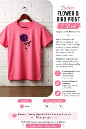 Ladies Pink Flower & Bird Print T-Shirt – Export Quality Cotton Jersey Fabric
