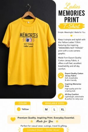 Ladies Yellow Memories Print T-Shirt – Export Quality Cotton Jersey Fabric