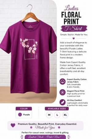 Ladies Purple Floral Print T-Shirt – Export Quality Cotton Jersey Fabric
