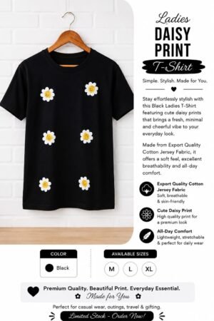 Ladies Black Daisy Flower Print T-Shirt – Export Quality Cotton Jersey Fabric