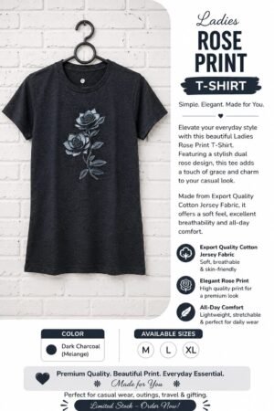 Ladies Dark Charcoal Rose Print T-Shirt – Export Quality Cotton Jersey Fabric
