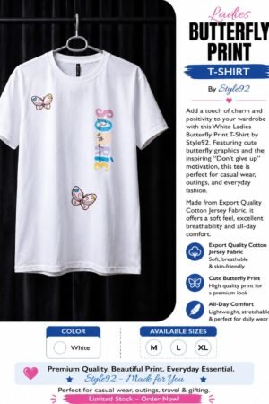 Style92 Ladies White Butterfly Print T-Shirt – Export Quality Cotton Jersey Fabric
