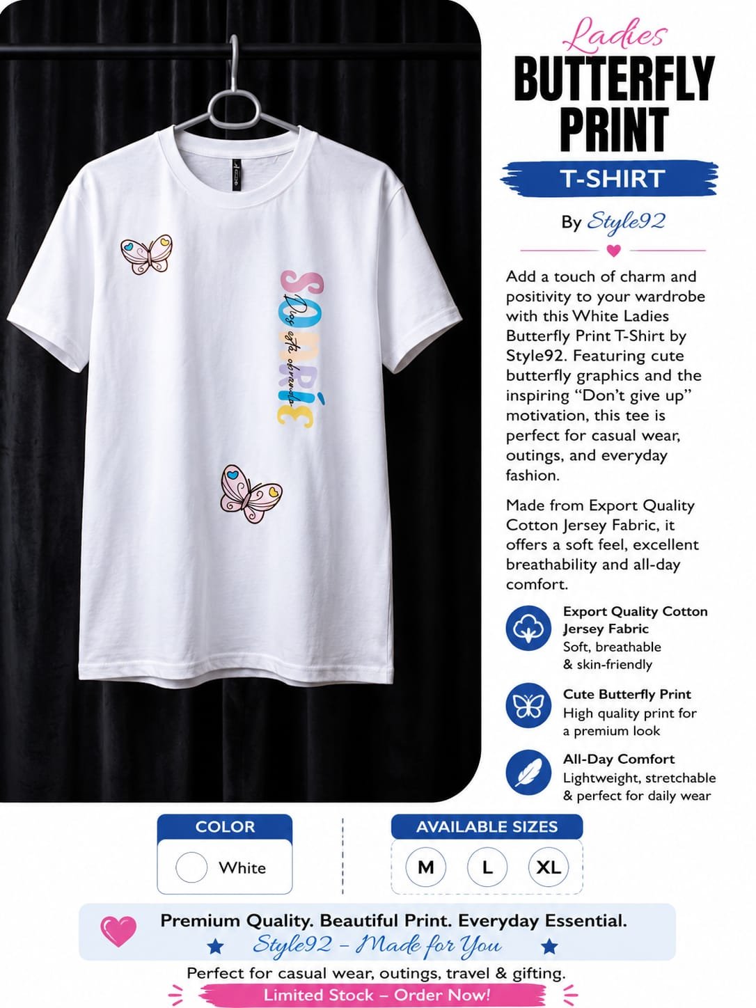 Style92 Ladies White Butterfly Print T-Shirt – Export Quality Cotton Jersey Fabric - Image 4