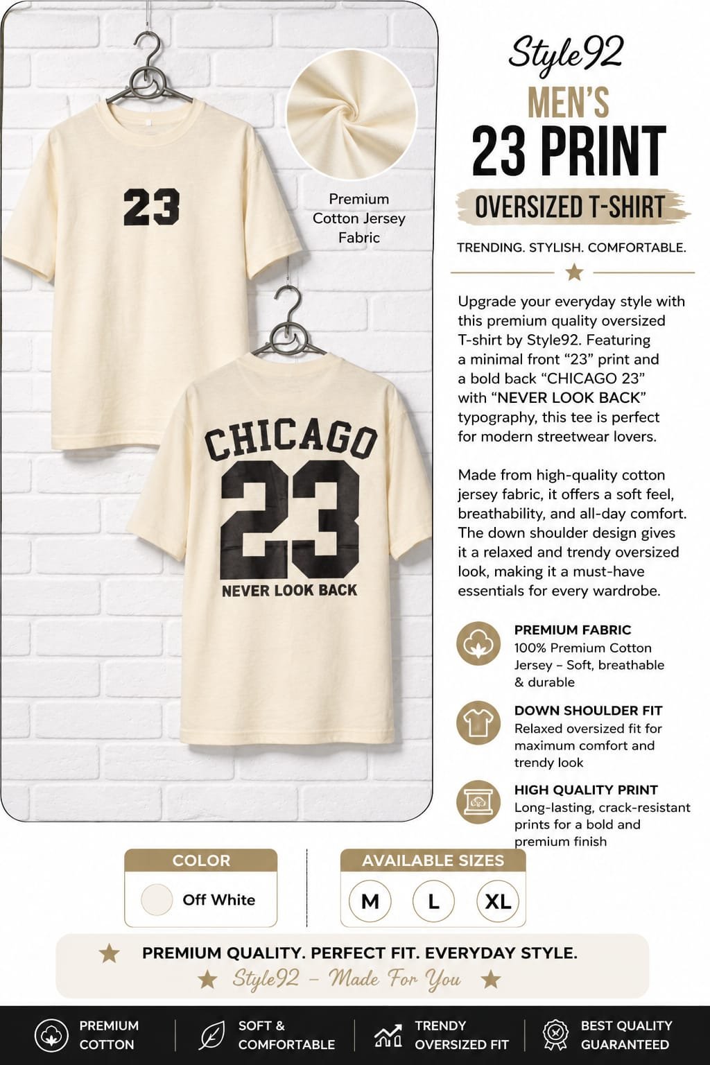 Premium Men's Oversized Streetwear T-Shirt – Off White | Style92 (Copy) - Image 3
