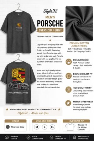 Style92 Men's Oversized Porsche Graphic T-Shirt – Charcoal Grey | Premium Cotton Jersey