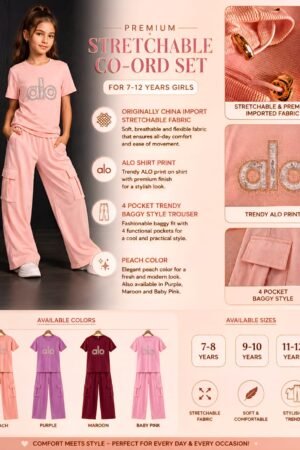 Style92 Girls Premium China Import Stretchable Co-Ord Set – ALO Print | 4 Pocket Baggy Trouser | Peach