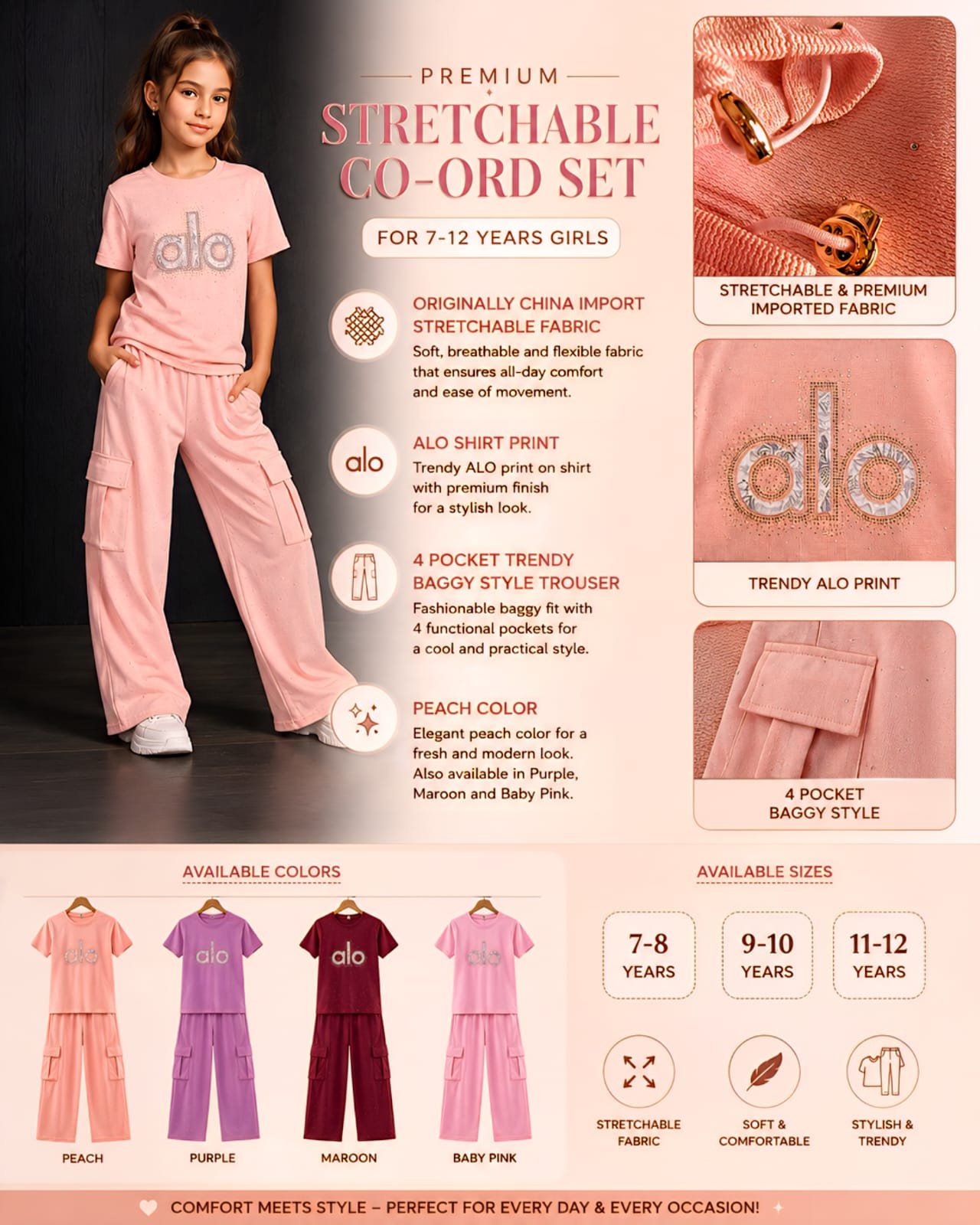 Style92 Girls Premium China Import Stretchable Co-Ord Set – ALO Print | 4 Pocket Baggy Trouser | Peach - Image 6