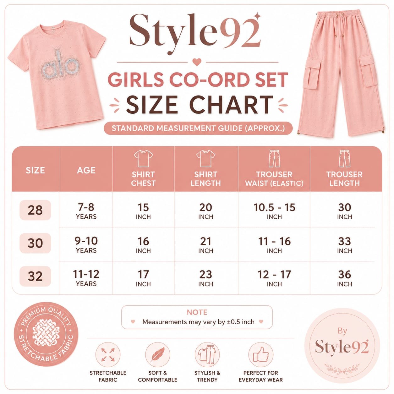 Style92 Girls Premium China Import Stretchable Co-Ord Set – ALO Print | 4 Pocket Baggy Trouser | Peach - Image 7
