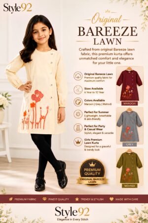 Girls Premium Original Bareeze Lawn Kurta | Embroidered Summer Wear | Style92