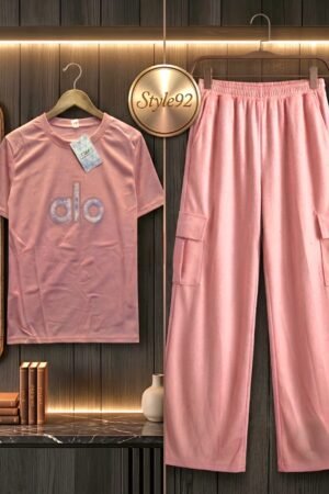 Style92 Girls Premium China Import Stretchable Co-Ord Set – ALO Print | 4 Pocket Baggy Trouser | Peach