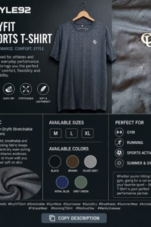 Dark Grey Stylish Soft, Stretchable, Dryfit T-Shirt. Perfect for Sports Activities
