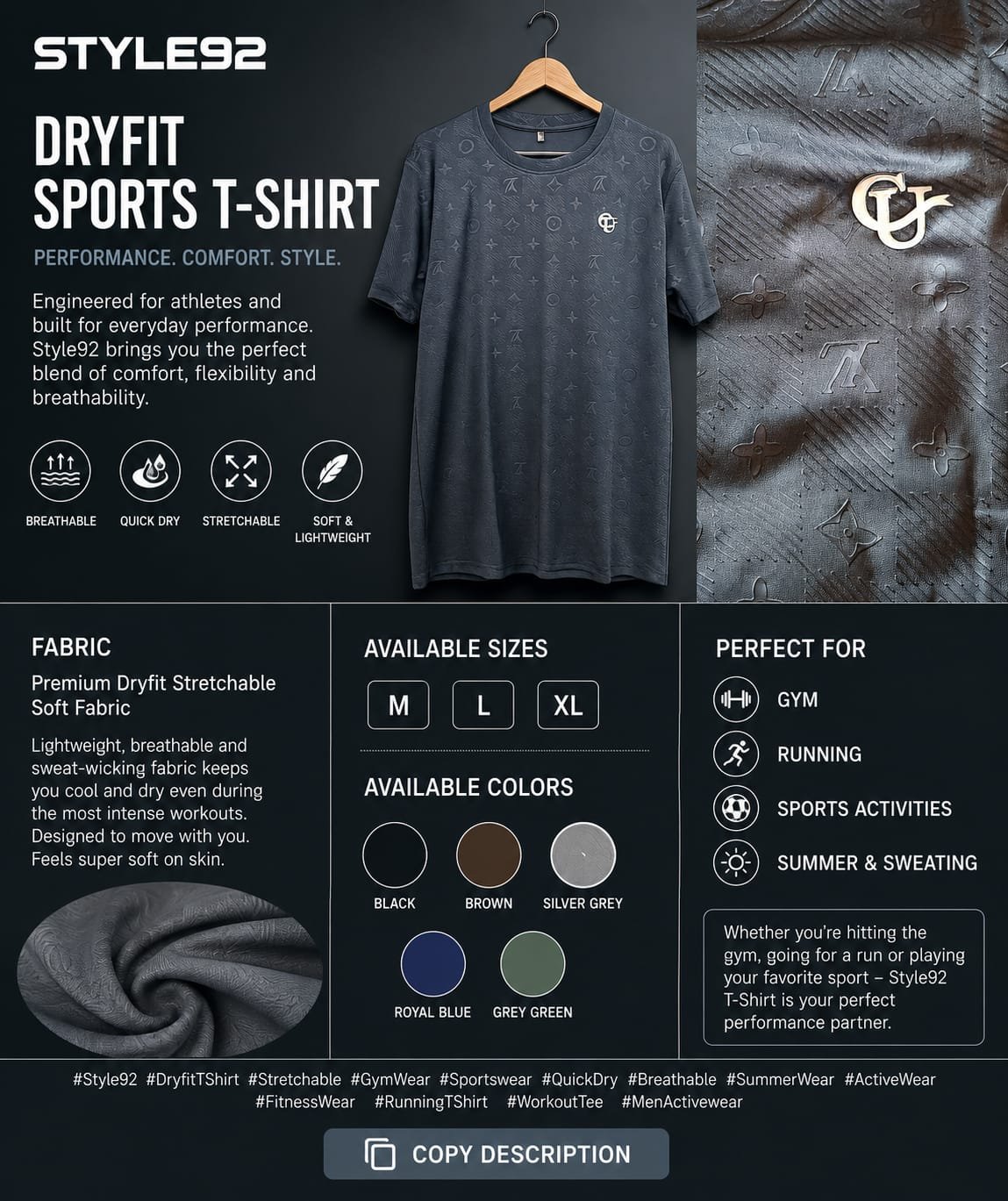 Dark Grey Stylish Soft, Stretchable, Dryfit T-Shirt. Perfect for Sports Activities - Image 3