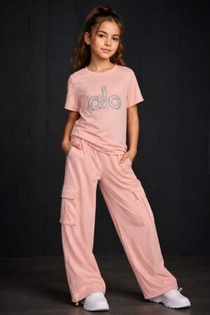 Style92 Girls Premium China Import Stretchable Co-Ord Set – ALO Print | 4 Pocket Baggy Trouser | Peach