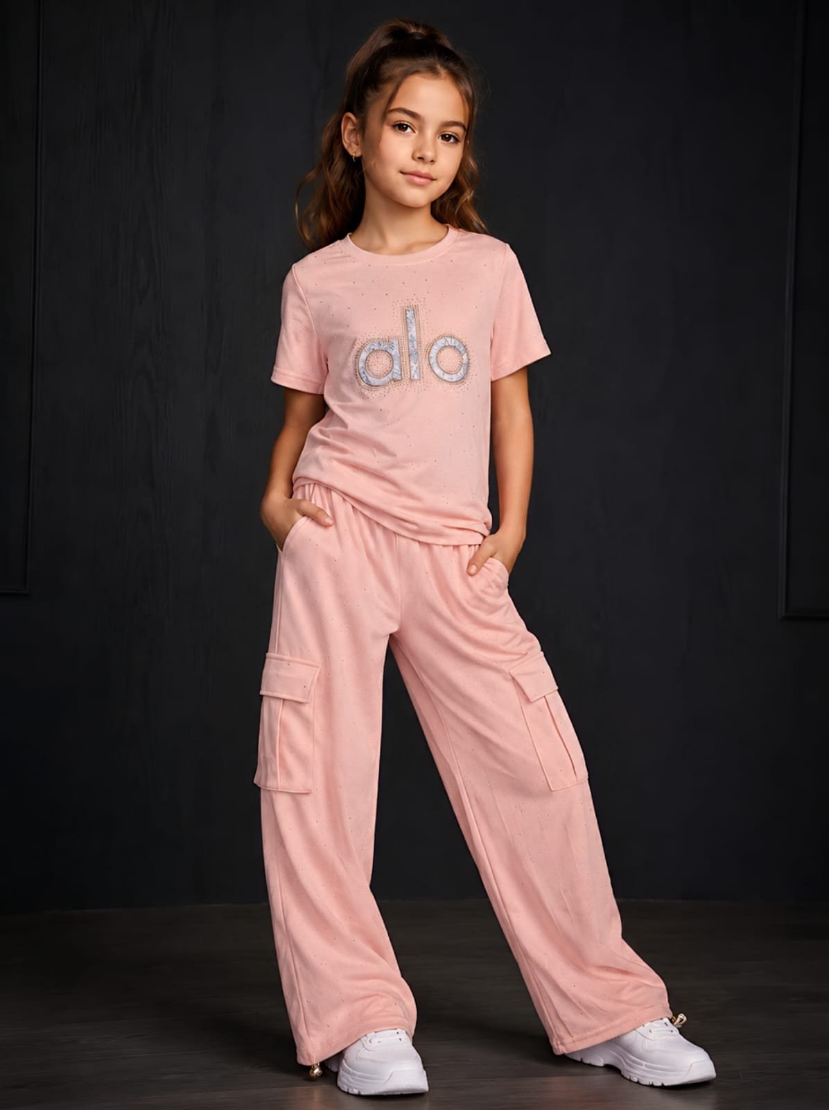 Style92 Girls Premium China Import Stretchable Co-Ord Set – ALO Print | 4 Pocket Baggy Trouser | Peach