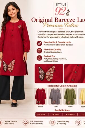 Style92 Original Bareeze Lawn Girls Embroidered Kurta Top – Premium Summer Wear (5–12 Years)