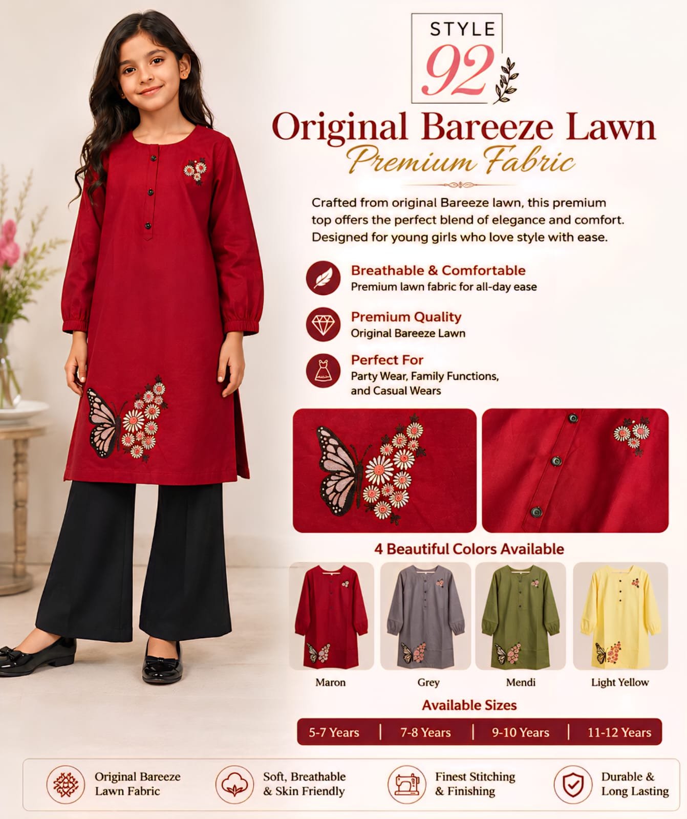 Style92 Original Bareeze Lawn Girls Embroidered Kurta Top – Premium Summer Wear (5–12 Years) - Image 6