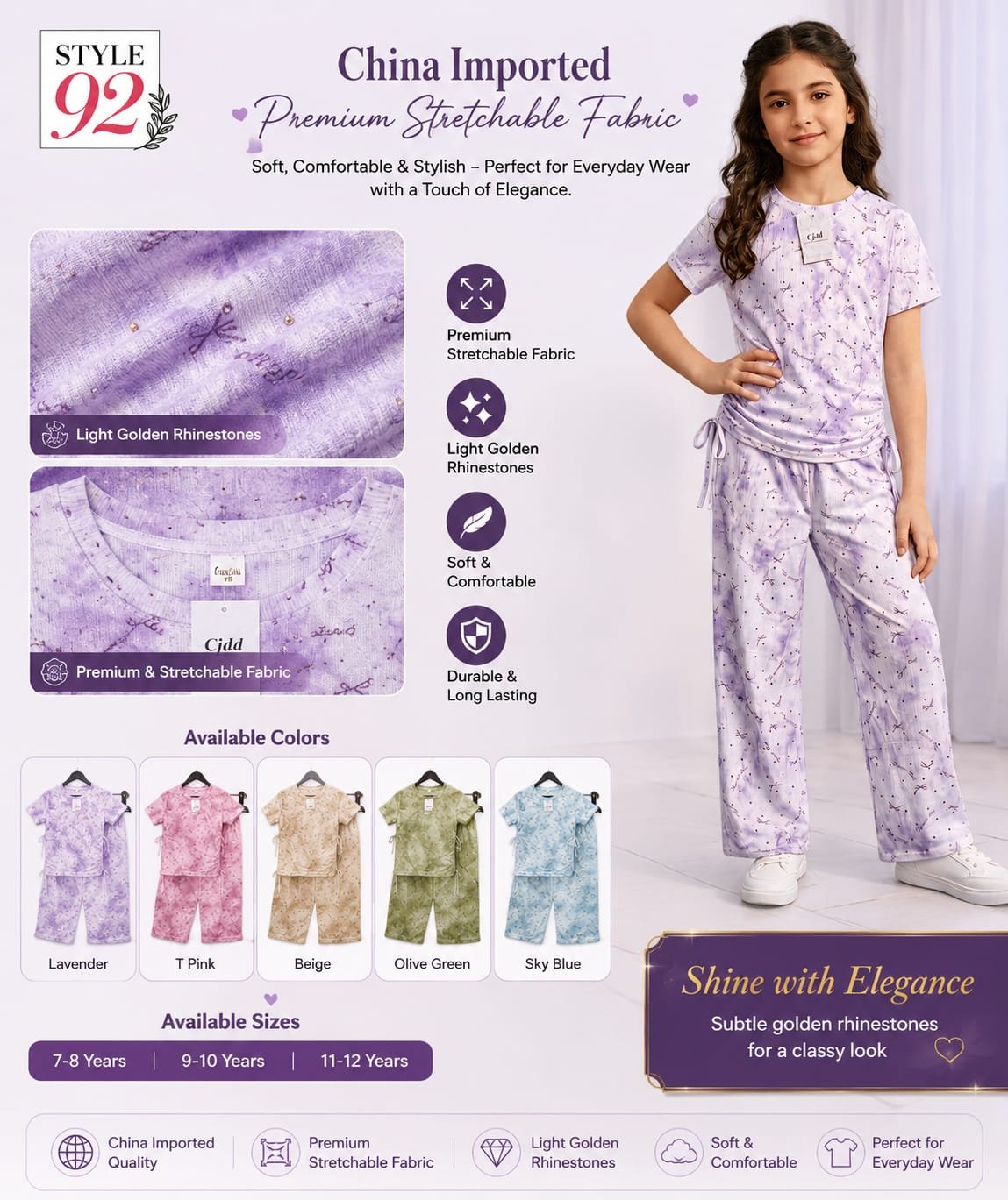 Girls China Imported Premium Stretchable Co-Ord Set – Lavender | Style92 Kids Collection - Image 9