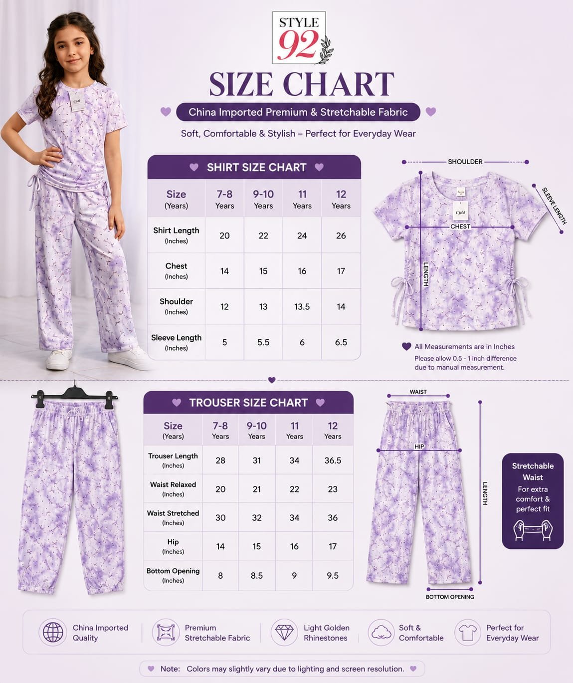 Girls China Imported Premium Stretchable Co-Ord Set – Lavender | Style92 Kids Collection - Image 10