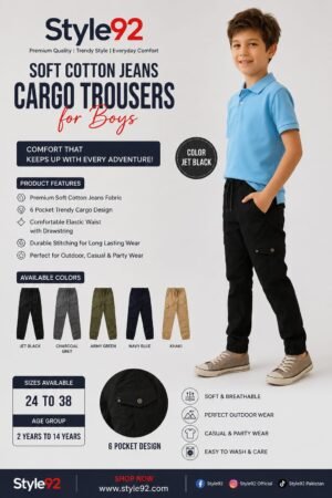 Style92 Boys Jet Black Soft Cotton Jeans Cargo Trousers – Premium 6 Pocket Jogger Pants for Kids (Age 2–14 Years)