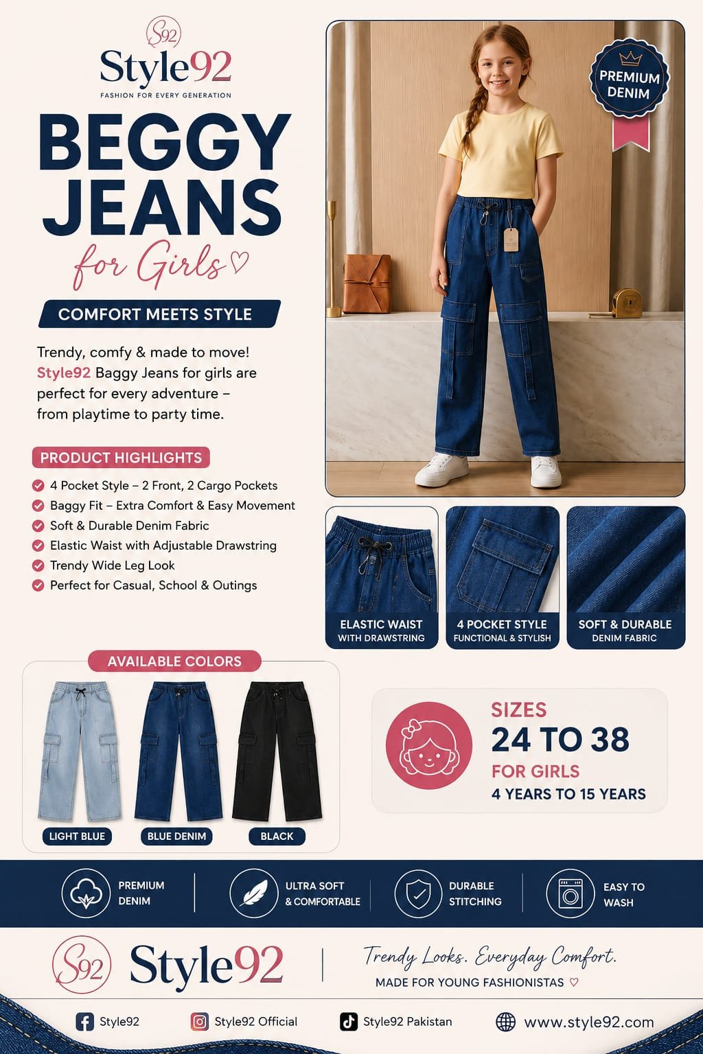 Girls Baggy Jeans – Premium 4 Pocket Denim Cargo Pants | Style92 Pakistan - Image 5
