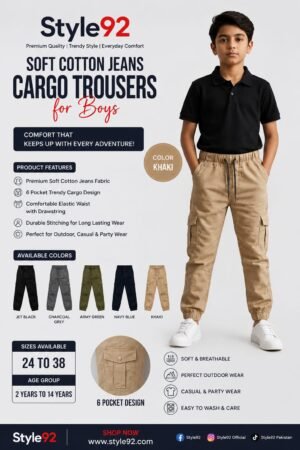Style92 Boys Khaki 6 Pocket Cargo Trousers | Premium Soft Cotton Jeans Pants for Kids