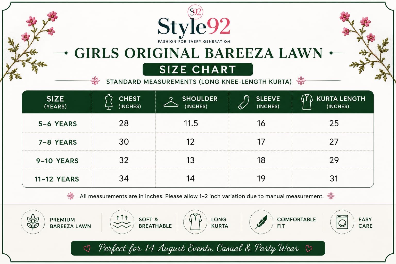 Style92 Original Bareeza Lawn Girls Kurta – 14 August Special Collection