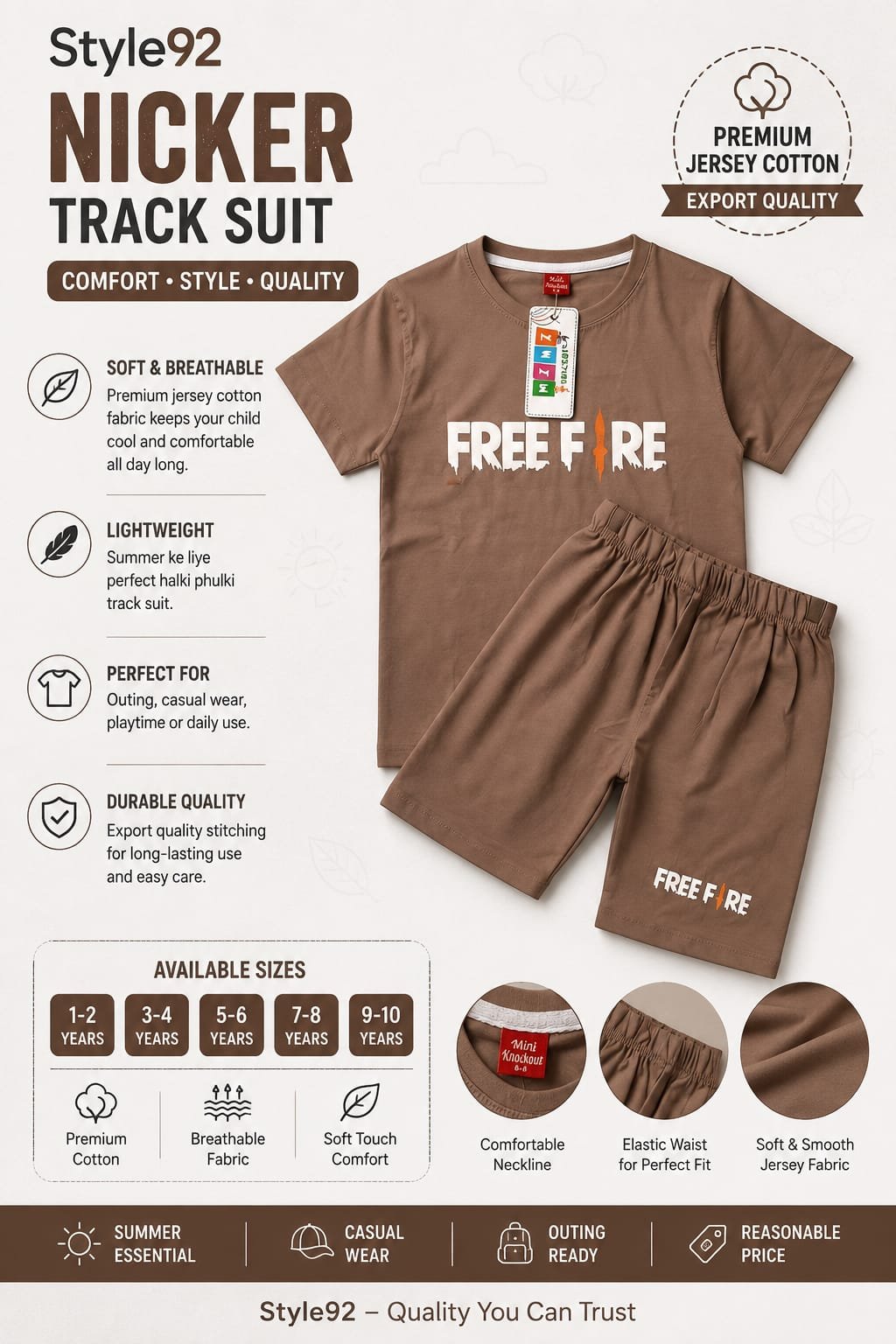 Free Fire Kids Nicker Track Suit – Premium Jersey Cotton Summer Outfit for Boys | Style92
