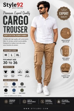 Style92 Premium Export Quality Men's Cargo Trouser – Soft Cotton Jeans Fabric | Slim Fit Jogger Cargo Pants for Casual, Office & Everyday Wear