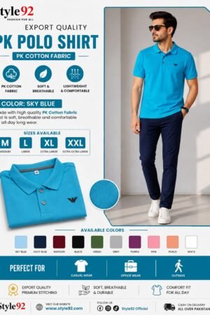 Style92 Sky Blue Polo T-Shirt | Lightweight & Comfortable PK Cotton