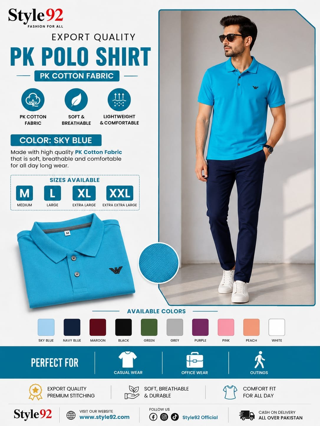 Style92 Sky Blue Polo T-Shirt | Lightweight & Comfortable PK Cotton