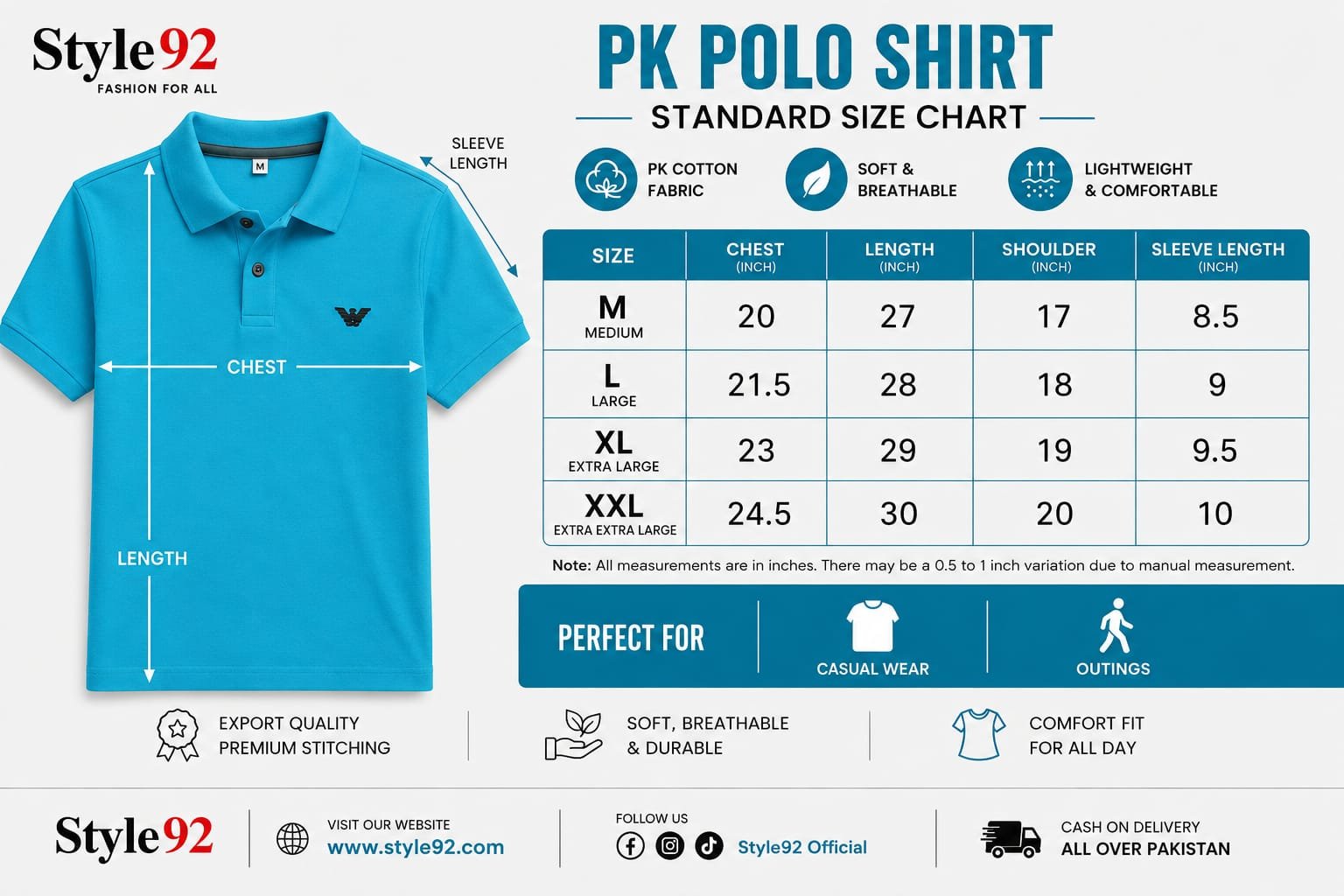 Style92 Sky Blue Polo T-Shirt | Lightweight & Comfortable PK Cotton