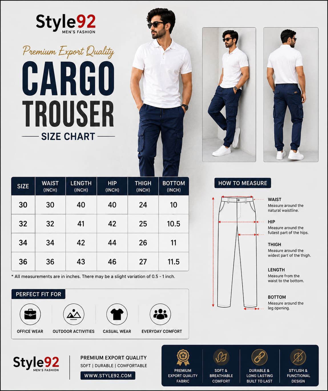 Style92 Premium Export Quality Navy Blue Cargo Trouser – Six Pocket Men's Utility Cargo Pants