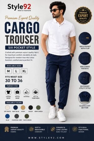 Style92 Premium Export Quality Navy Blue Cargo Trouser – Six Pocket Men's Utility Cargo Pants
