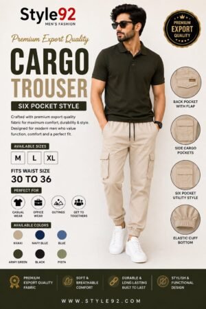 Style92 Premium Export Quality Off White Six Pocket Cargo Pant for Men