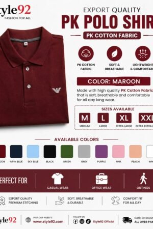 Maroon Export Quality PK Polo Shirt | Premium PK Cotton Fabric – Style92