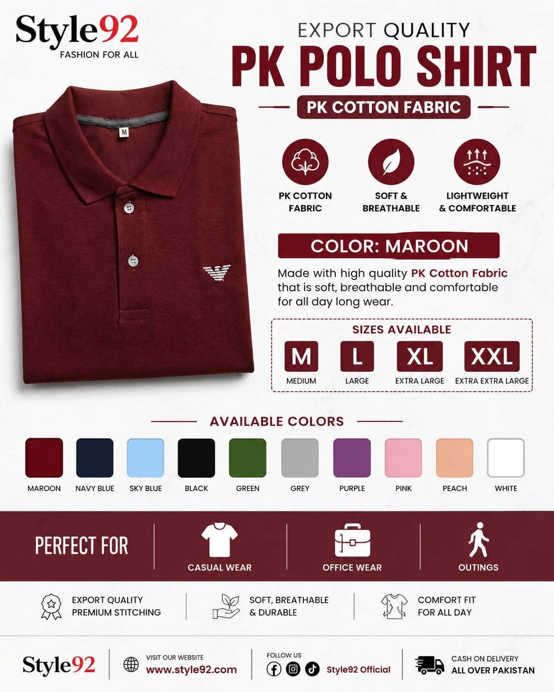 Maroon Export Quality PK Polo Shirt | Premium PK Cotton Fabric – Style92